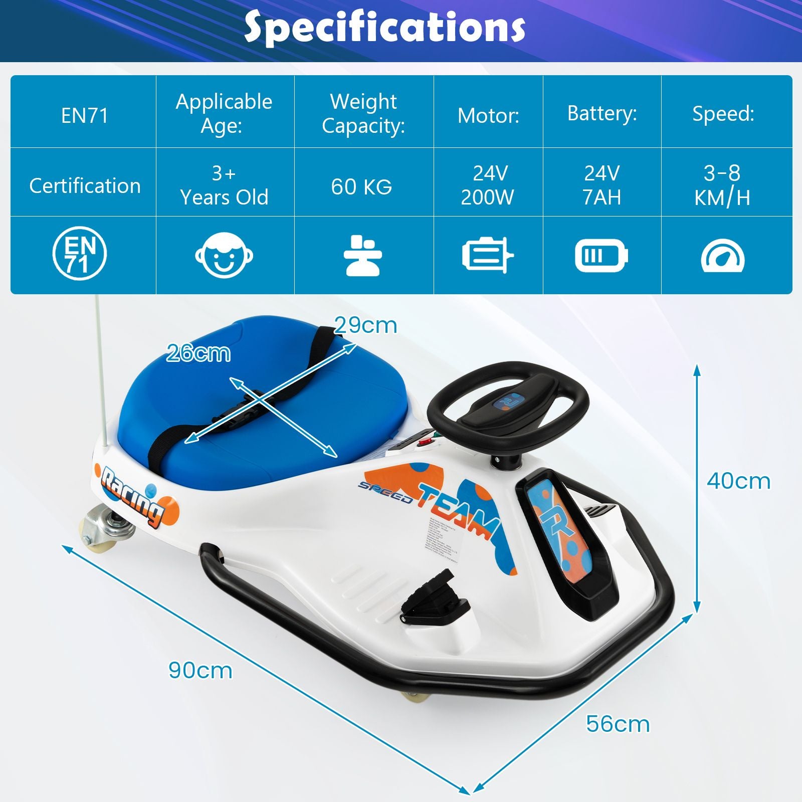 Electric Drifting Go Kart for Kids with 360° Spin Wireless Connection and USB