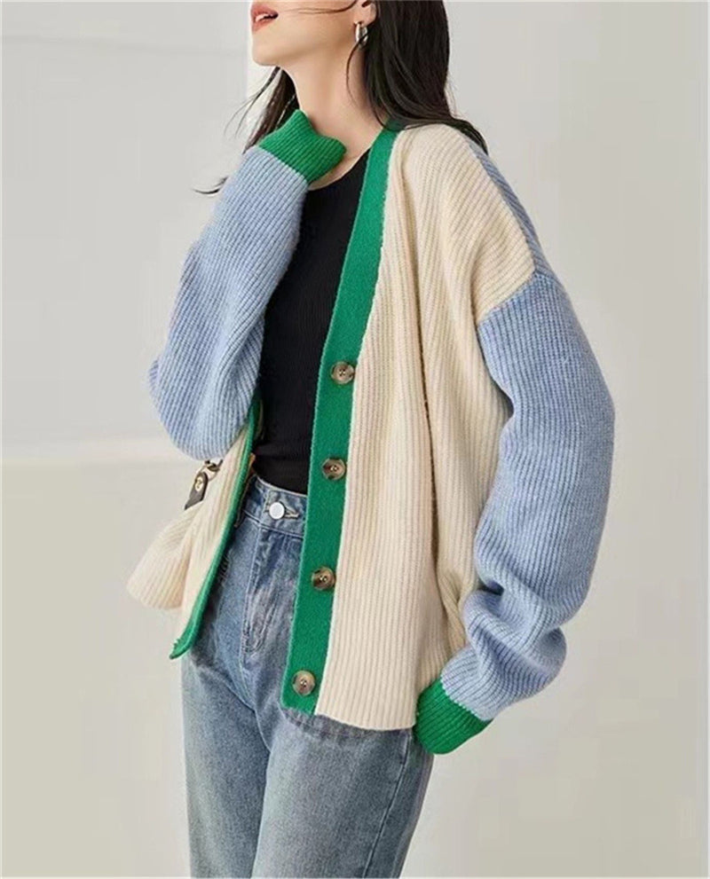 Spring and Autumn V-Neck Loose Knitted Cardigan Women'S Coat Sweater