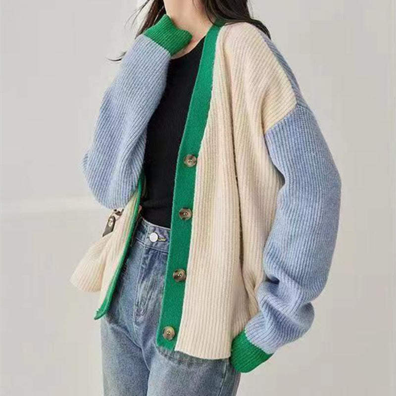Spring and Autumn V-Neck Loose Knitted Cardigan Women'S Coat Sweater