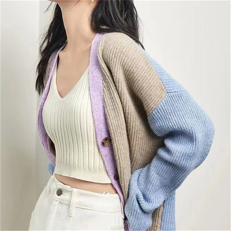 Spring and Autumn V-Neck Loose Knitted Cardigan Women'S Coat Sweater