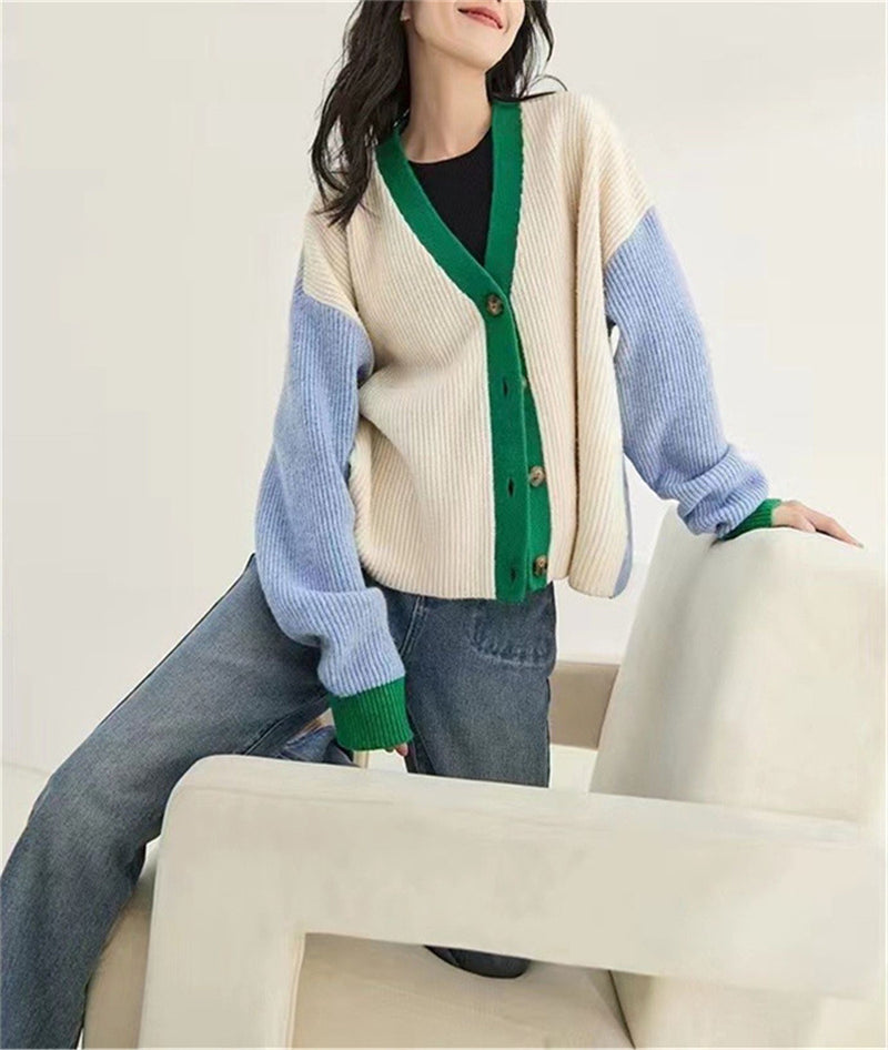 Spring and Autumn V-Neck Loose Knitted Cardigan Women'S Coat Sweater