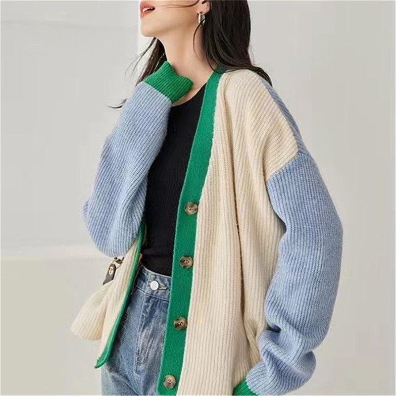 Spring and Autumn V-Neck Loose Knitted Cardigan Women'S Coat Sweater