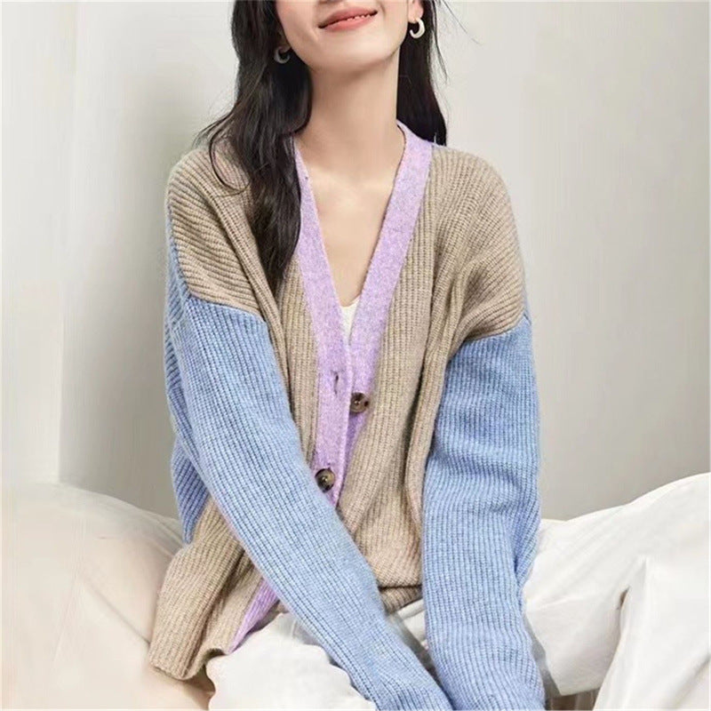 Spring and Autumn V-Neck Loose Knitted Cardigan Women'S Coat Sweater