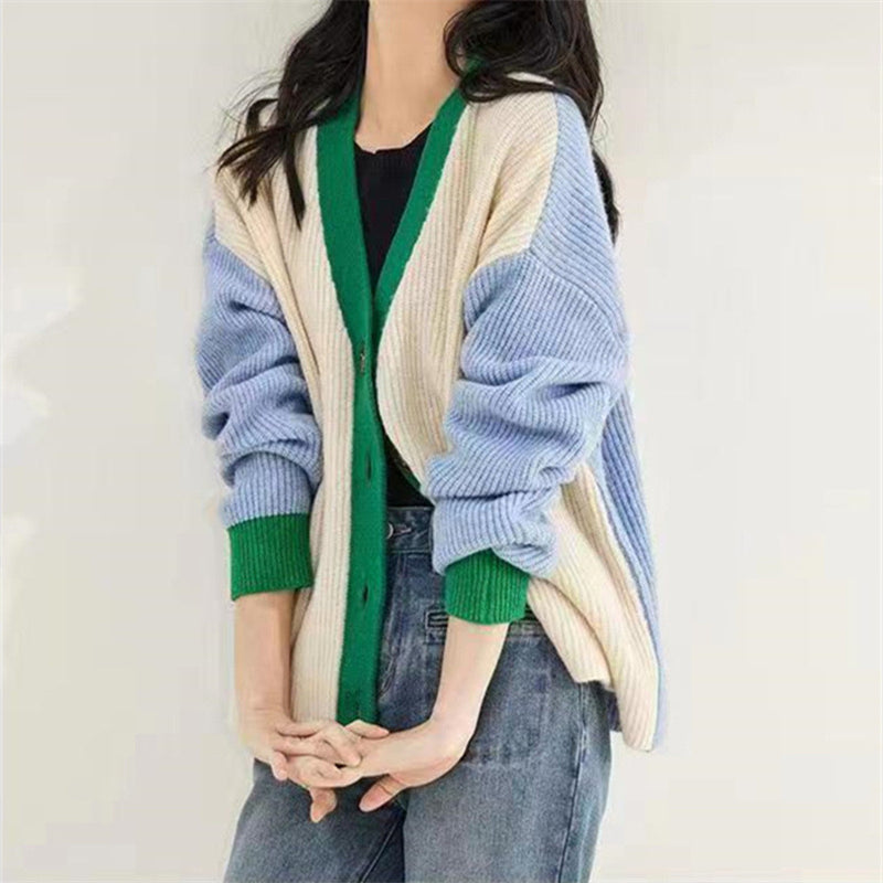 Spring and Autumn V-Neck Loose Knitted Cardigan Women'S Coat Sweater