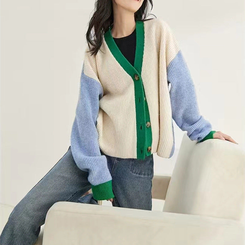 Spring and Autumn V-Neck Loose Knitted Cardigan Women'S Coat Sweater
