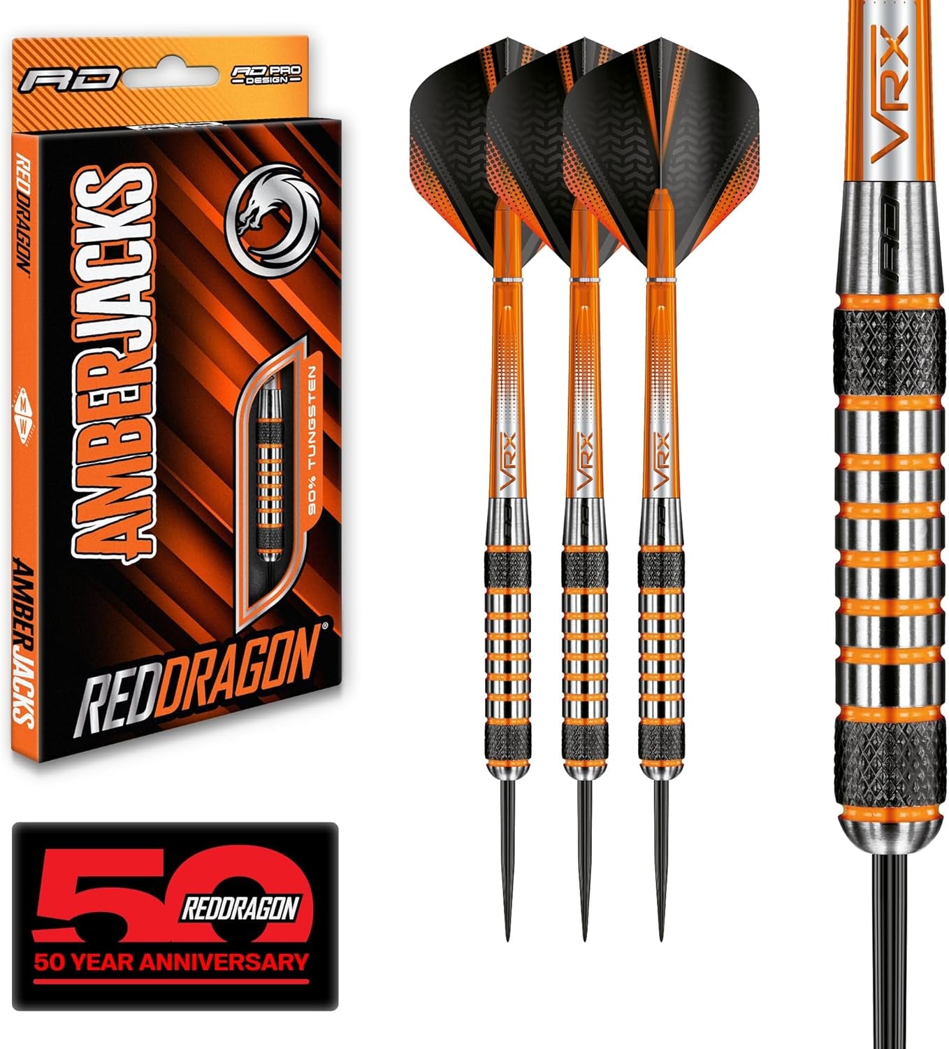Amberjack Tungsten Darts Set with Darts Flights & Dart Stems (Shafts) – Professional 90% Tungsten Premium Darts Set – Available in 22G, 23G, 24G, 25G, 26G, 27G, 28G, 30G