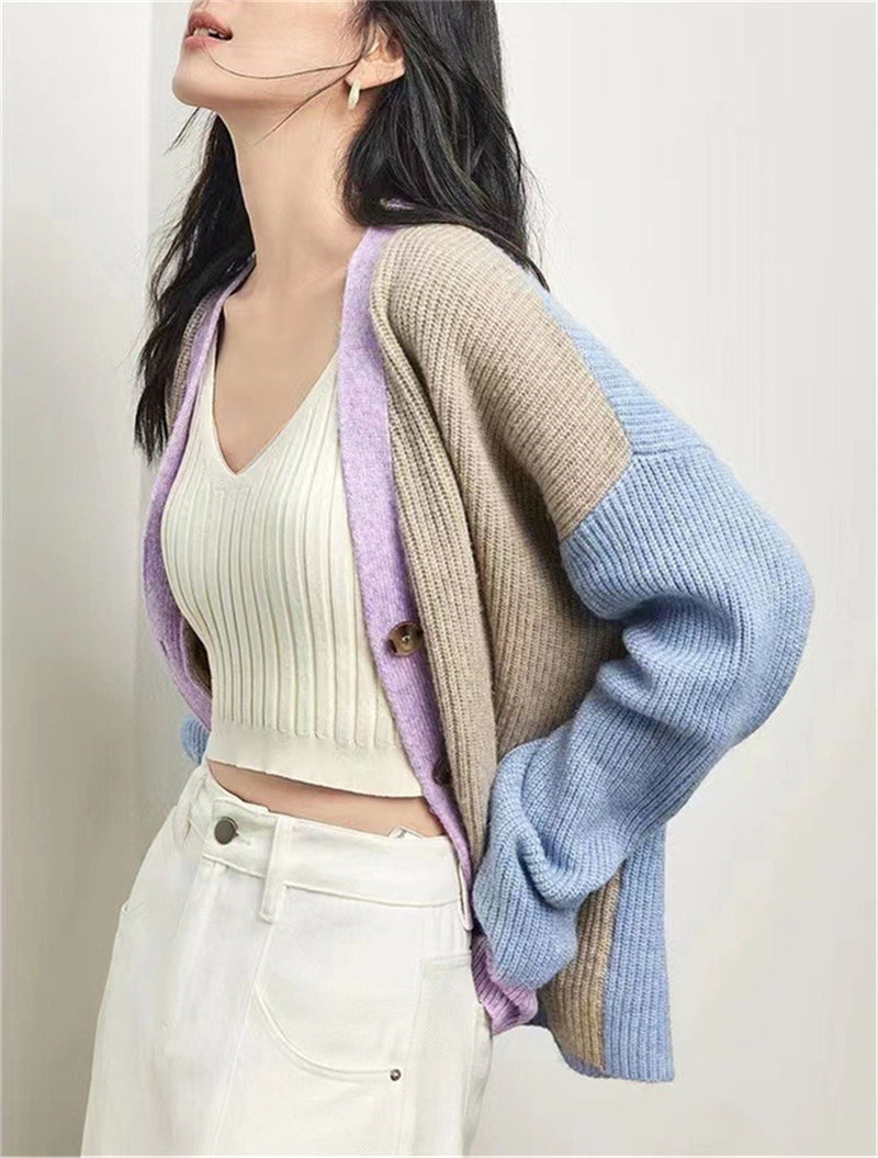 Spring and Autumn V-Neck Loose Knitted Cardigan Women'S Coat Sweater