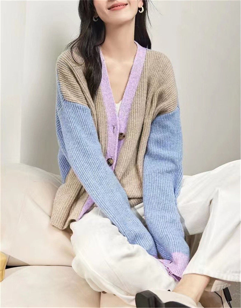 Spring and Autumn V-Neck Loose Knitted Cardigan Women'S Coat Sweater