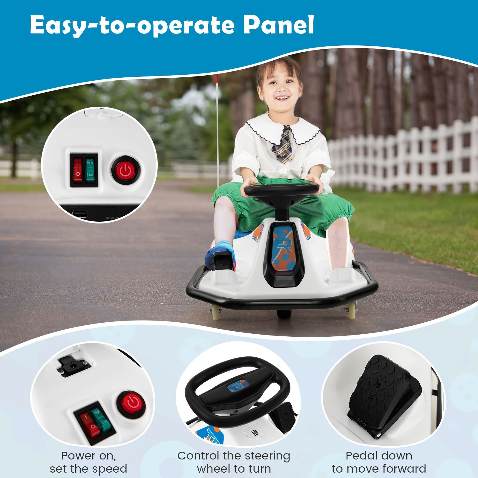 Electric Drifting Go Kart for Kids with 360° Spin Wireless Connection and USB