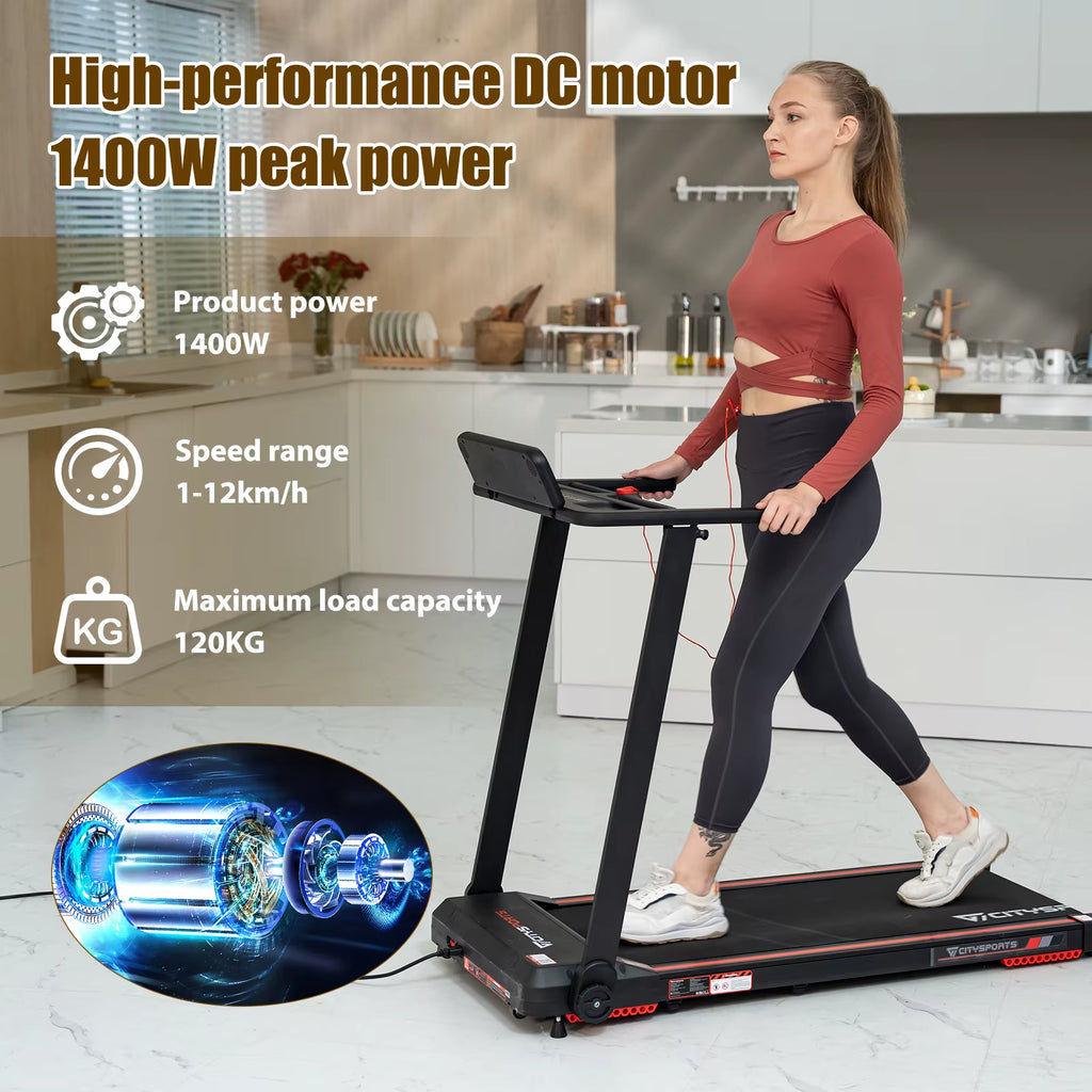 2-in-1 Folding Electric Treadmill for Home and Office, 120kg Capacity, 1-12 km/h Speed, APP Connectivity, Remote Control
