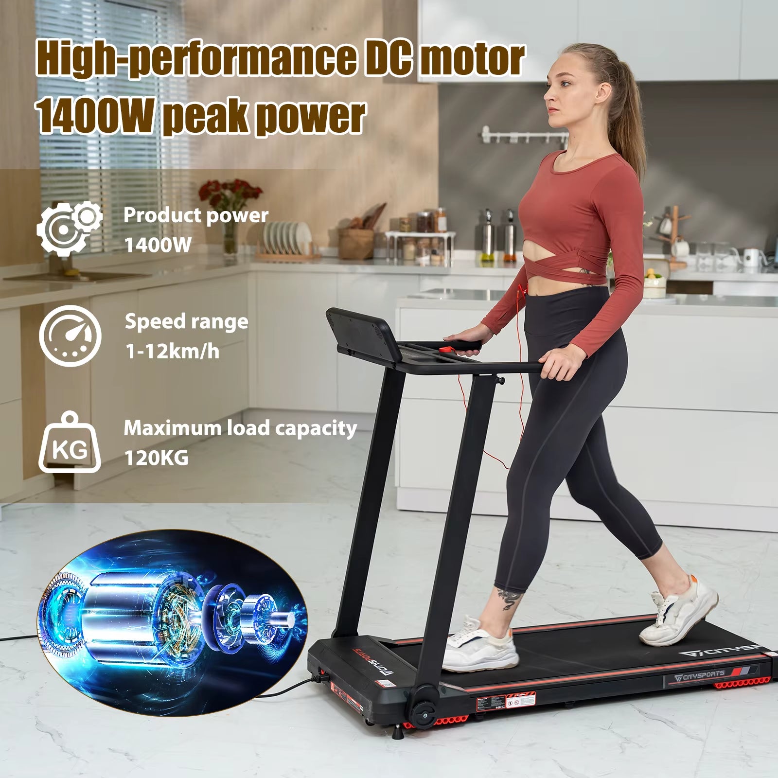 2-in-1 Folding Electric Treadmill for Home and Office, 120kg Capacity, 1-12 km/h Speed, APP Connectivity, Remote Control